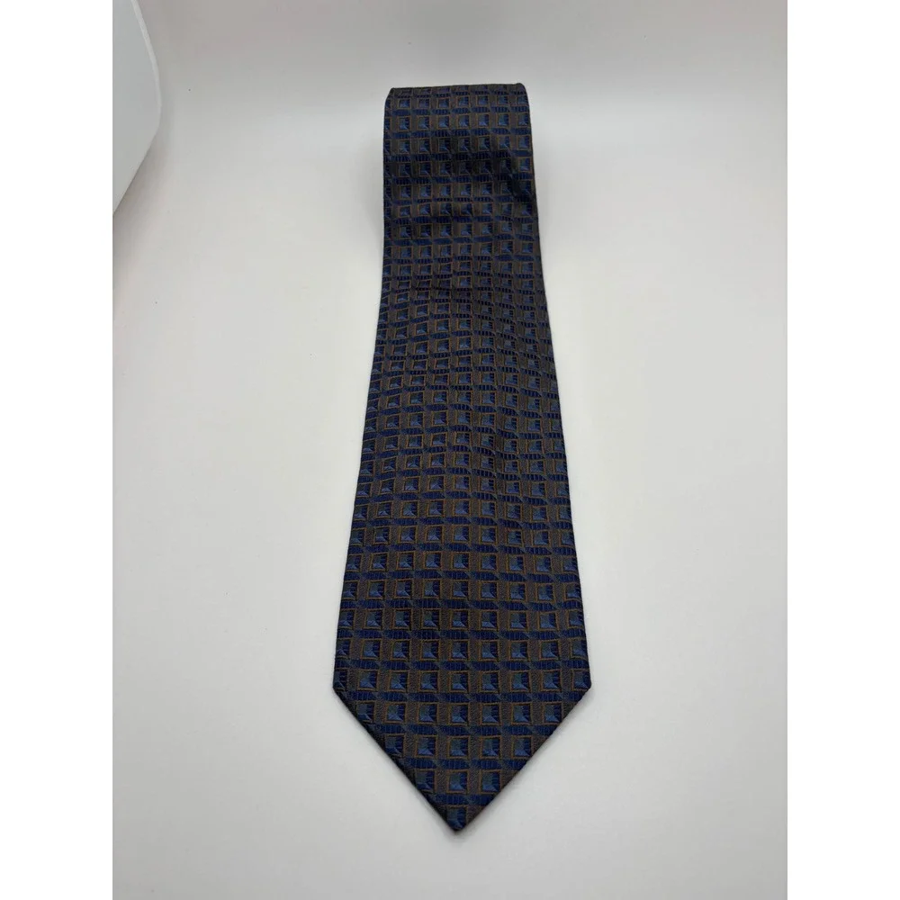 Jhane Barnes Mens Silk Necktie Navy Blue Bronze Geometric Square Pattern Tie